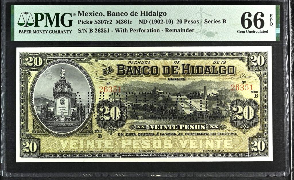 Bancos Mexican Currency Bancos 20 Pesos ND Hidalgo M361r PMG Gem UNC66 EPQ f_35556 Bancos 20 Pesos ND Hidalgo M361r PMG Gem UNC66 EPQ f_35556Property of World Numismatics