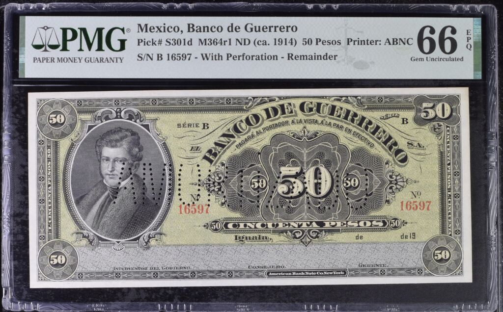 Bancos 50 Pesos ND Guerrero M364r1 PMG Gem UNC66 EPQ f_35557