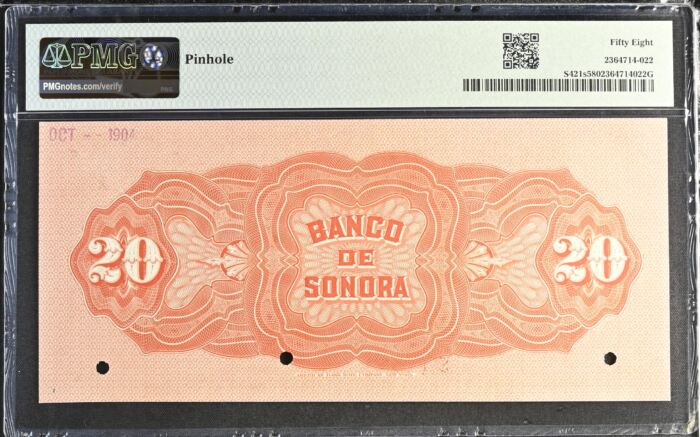 Bancos 20 Pesos 1897-1911 Sonora M509s1-2 PMG Ch AU58 f_35559Bancos 20 Pesos 1897-1911 Sonora M509s1-2 PMG Ch AU58 f_35559 - Image 2