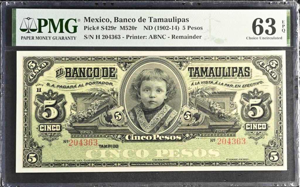 Bancos 5 Pesos ND Tamaulipas M520r PMG Ch UNC63 EPQ f_35560