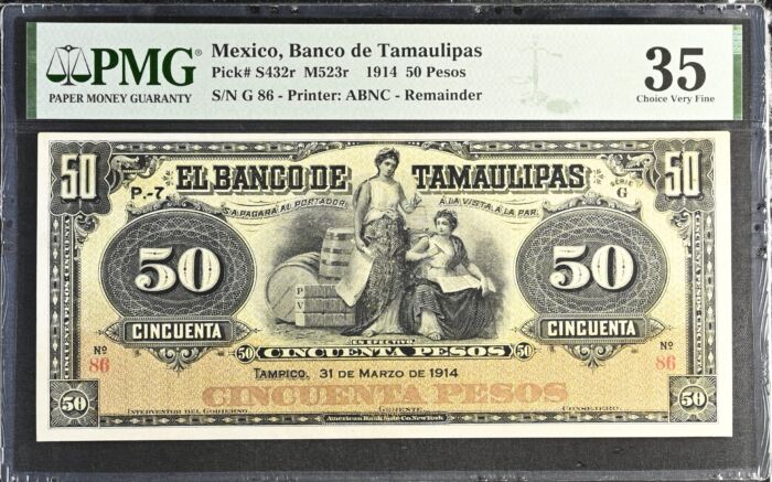 Bancos 50 Pesos 1914 Tamaulipas M523r PMG Ch VF35 f_35562Bancos 50 Pesos 1914 Tamaulipas M523r PMG Ch VF35 f_35562
