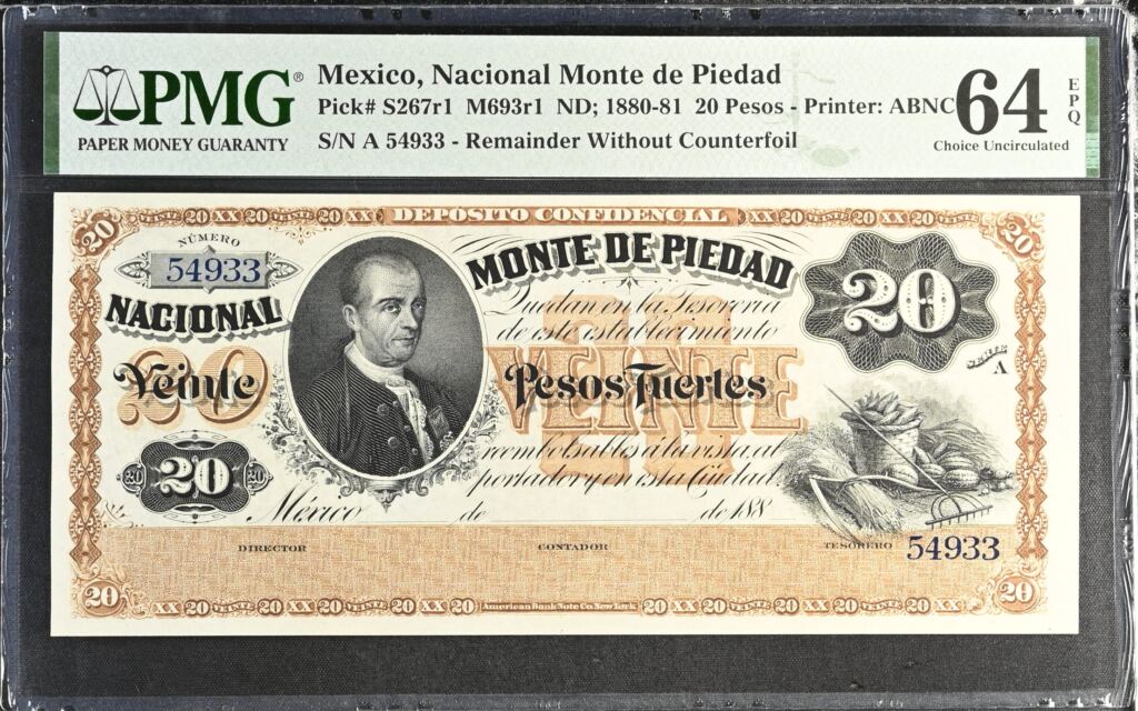 Pre-Revolution 20 Pesos ND Distrito Federal M693r1 PMG Ch UNC64 EPQ f_35564