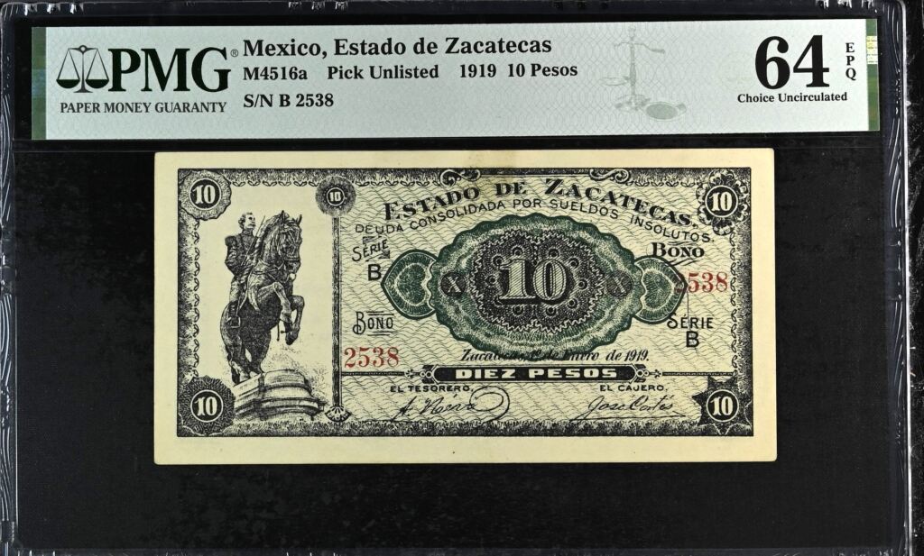 Post Revolution 10 Pesos 1919 Zacatecas M4516a PMG Ch UNC64 EPQ f_35565