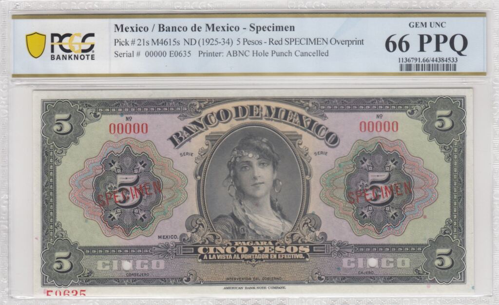 Banco De Mexico 5 Pesos ND M4615S PCGS Gem UNC66 PPQ f_35566