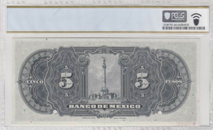Banco De Mexico 5 Pesos ND M4615S PCGS Gem UNC66 PPQ f_35566Banco De Mexico 5 Pesos ND M4615S PCGS Gem UNC66 PPQ f_35566 - Image 2