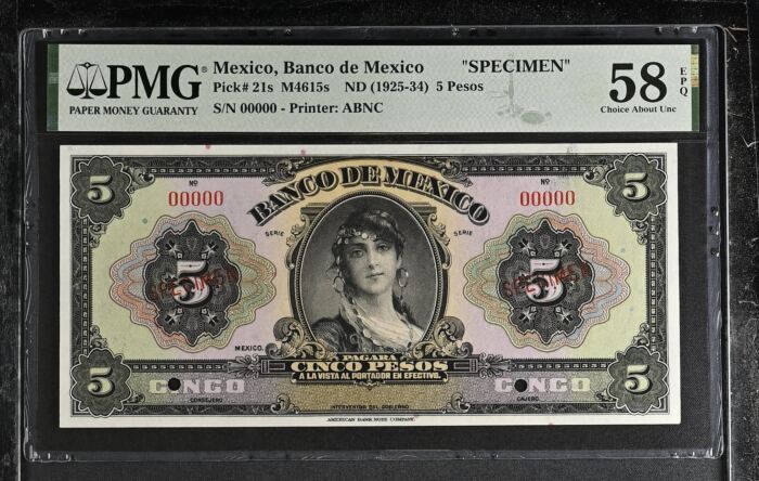 Banco De Mexico 5 Pesos ND M4615s PMG Ch AU58 EPQ f_35567Banco De Mexico 5 Pesos ND M4615s PMG Ch AU58 EPQ f_35567