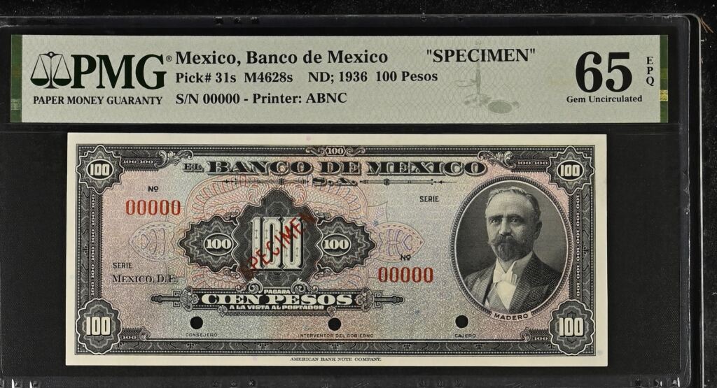 Banco De Mexico 100 Pesos 1936 M4628s PMG Gem UNC65 EPQ f_35570