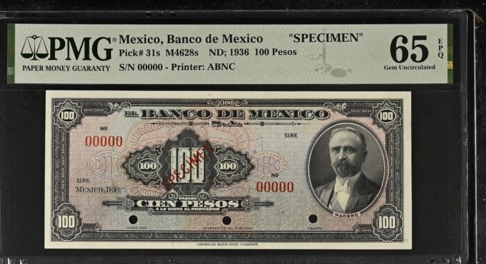 Banco De Mexico 100 Pesos 1936 M4628s PMG Gem UNC65 EPQ f_35570Banco De Mexico 100 Pesos 1936 M4628s PMG Gem UNC65 EPQ f_35570