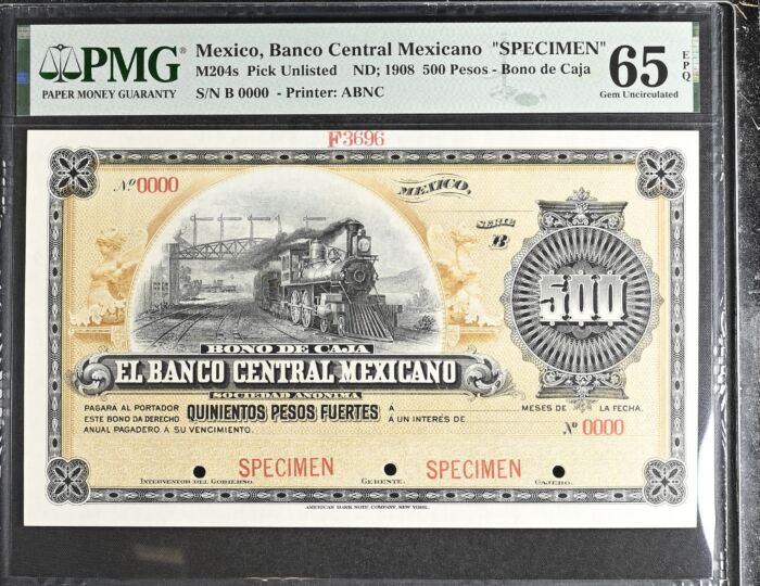 Bancos 500 Pesos 1908 Distrito Federal M204s PMG Gem UNC65 EPQ f_35571Bancos 500 Pesos 1908 Distrito Federal M204s PMG Gem UNC65 EPQ f_35571