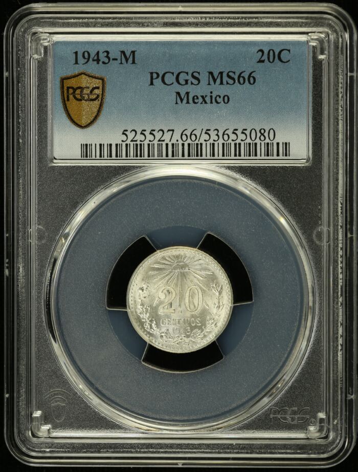 Modern Silver & Minors 20 Centavo 1943 M PCGS MS66 0153497Modern Silver & Minors 20 Centavo 1943 M PCGS MS66 0153497