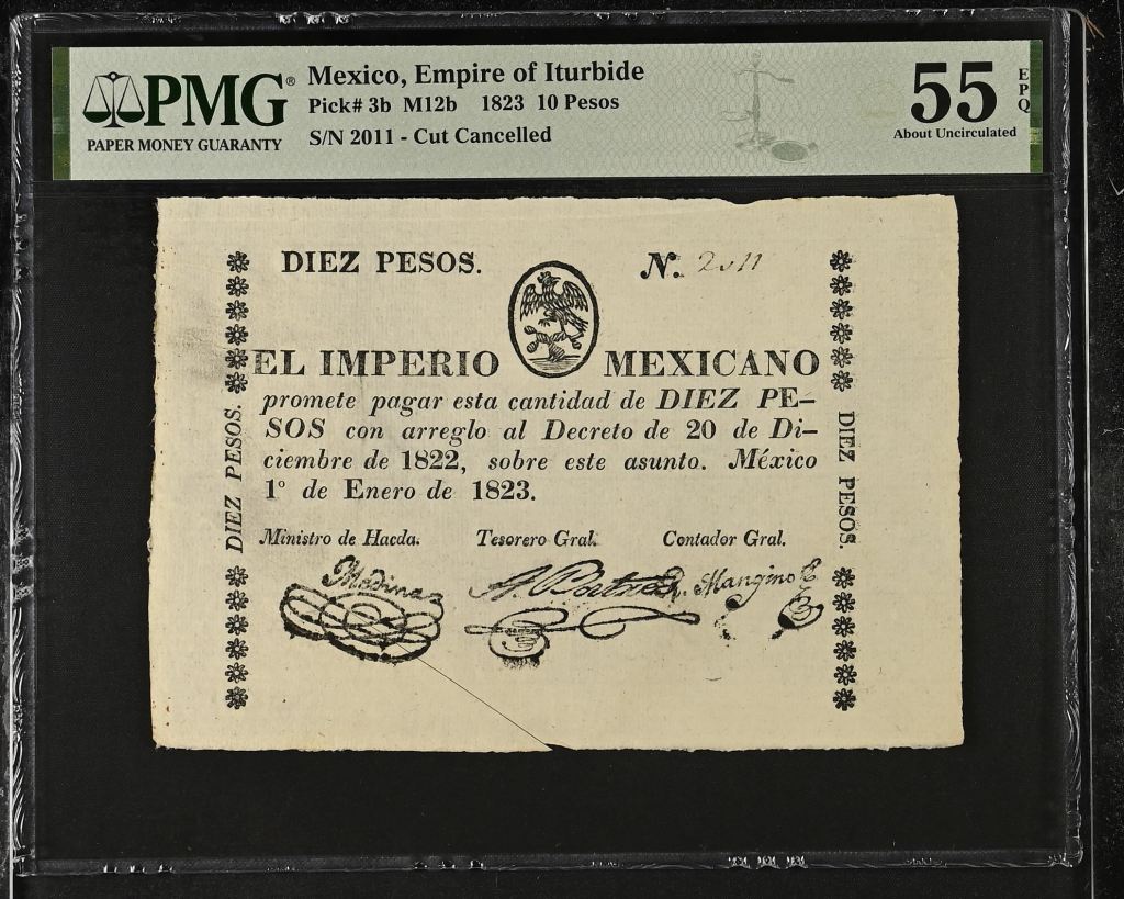Imperial & Early Republic 10 Pesos 1823 M12b PMG AU55 EPQ f_35503