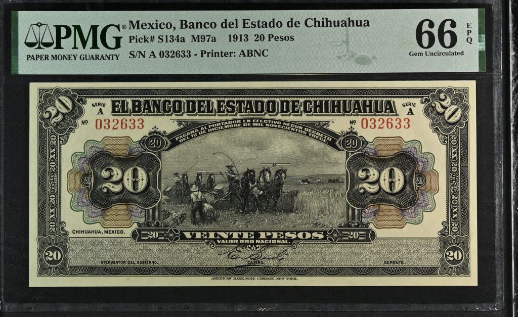 Bancos 20 Pesos 1913 Chihuahua M97a PMG Gem UNC66 EPQ f_35504