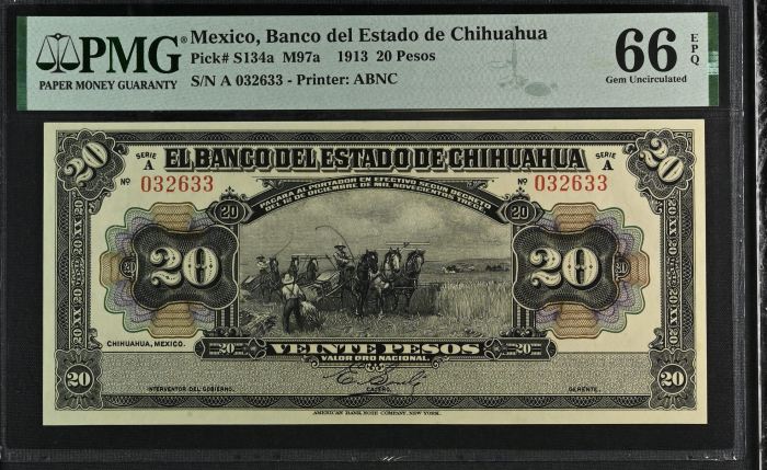 Bancos 20 Pesos 1913 Chihuahua M97a PMG Gem UNC66 EPQ f_35504Bancos 20 Pesos 1913 Chihuahua M97a PMG Gem UNC66 EPQ f_35504