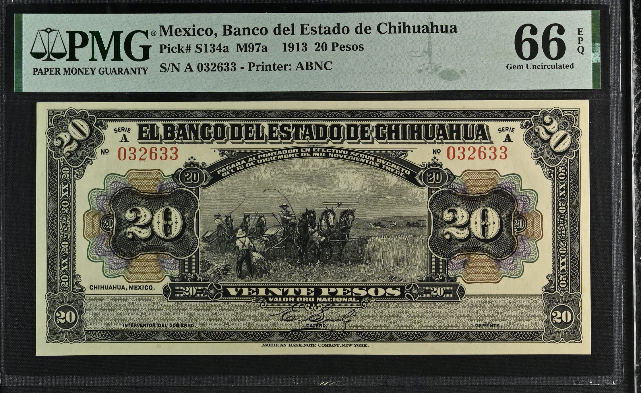 Bancos 20 Pesos 1913 Chihuahua M97a PMG Gem UNC66 EPQ f_35504