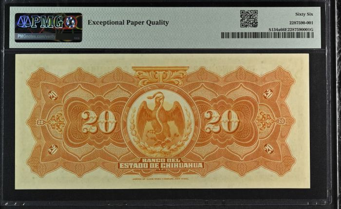 Bancos 20 Pesos 1913 Chihuahua M97a PMG Gem UNC66 EPQ f_35504Bancos 20 Pesos 1913 Chihuahua M97a PMG Gem UNC66 EPQ f_35504 - Image 2