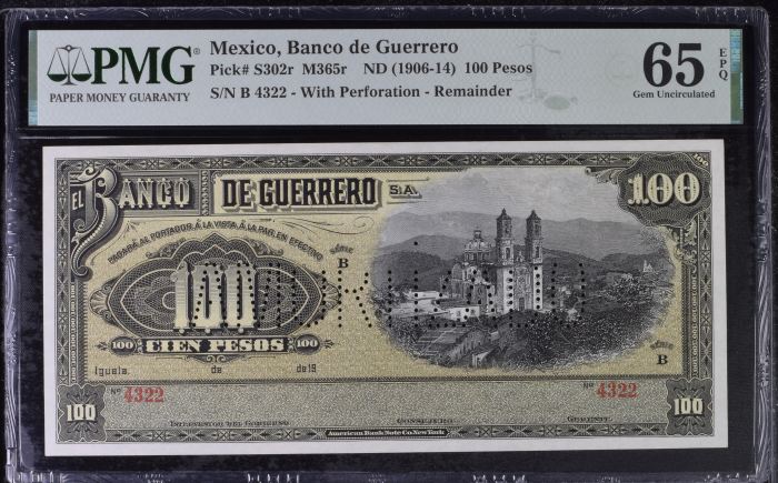 Bancos 100 Pesos ND (1906-14) Guerrero M365r PMG Gem UNC65 EPQ f_35505Bancos 100 Pesos ND (1906-14) Guerrero M365r PMG Gem UNC65 EPQ f_35505
