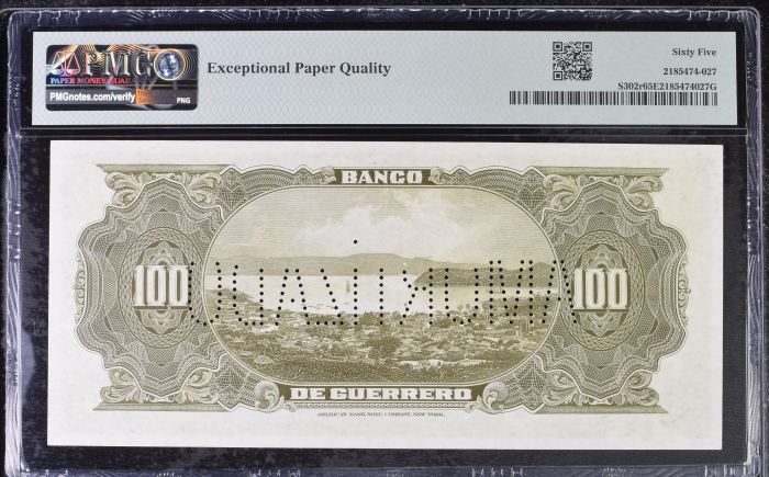 Bancos 100 Pesos ND (1906-14) Guerrero M365r PMG Gem UNC65 EPQ f_35505Bancos 100 Pesos ND (1906-14) Guerrero M365r PMG Gem UNC65 EPQ f_35505 - Image 2