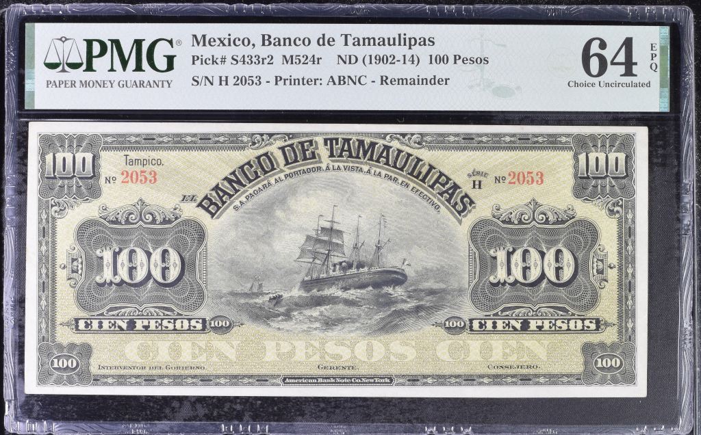 Bancos 100 Pesos ND (1902-14) Tamaulipas M524r PMG Ch UNC64 EPQ f_35506