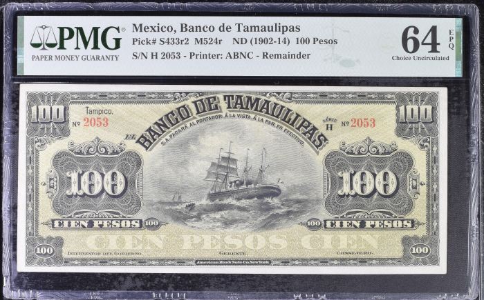 Bancos 100 Pesos ND (1902-14) Tamaulipas M524r PMG Ch UNC64 EPQ f_35506Bancos 100 Pesos ND (1902-14) Tamaulipas M524r PMG Ch UNC64 EPQ f_35506
