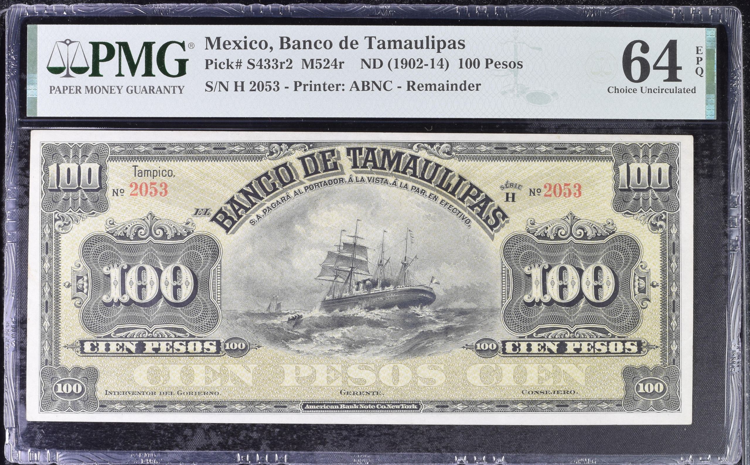 Bancos 100 Pesos ND (1902-14) Tamaulipas M524r PMG Ch UNC64 EPQ f_35506