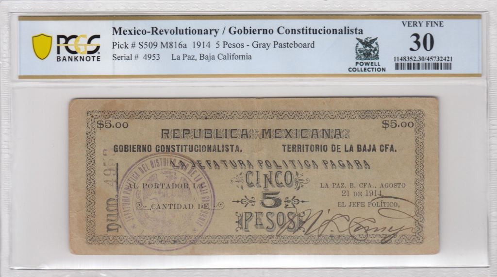 Revolutionary Currency 5 Pesos 1914 Baja California M816a PCGS VF30 f_35507