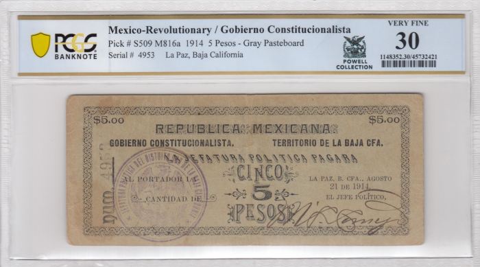 Revolutionary Currency 5 Pesos 1914 Baja California M816a PCGS VF30 f_35507Revolutionary Currency 5 Pesos 1914 Baja California M816a PCGS VF30 f_35507