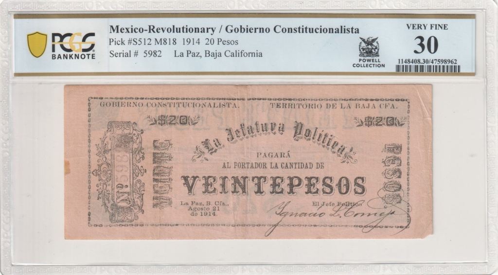 Revolutionary Currency 20 Pesos 1914 Baja California M818 PCGS VF30 f_35508