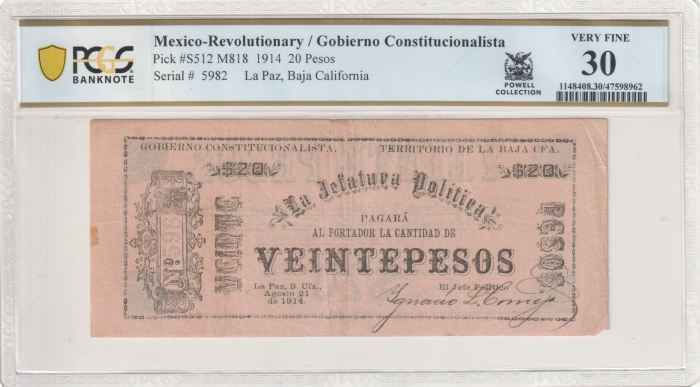 Revolutionary Currency 20 Pesos 1914 Baja California M818 PCGS VF30 f_35508Revolutionary Currency 20 Pesos 1914 Baja California M818 PCGS VF30 f_35508