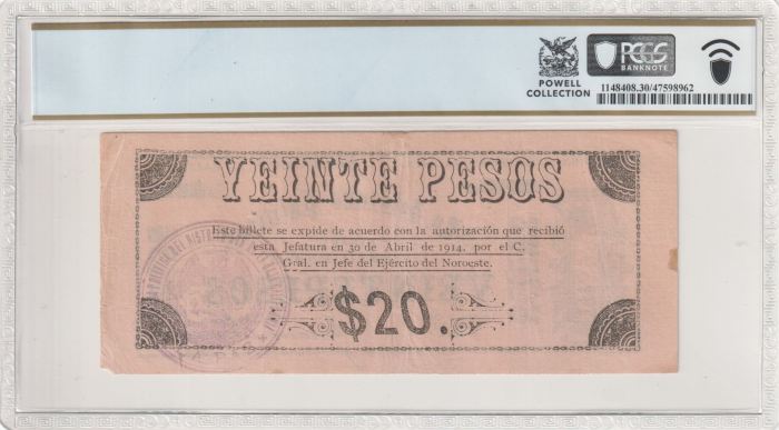 Revolutionary Currency 20 Pesos 1914 Baja California M818 PCGS VF30 f_35508Revolutionary Currency 20 Pesos 1914 Baja California M818 PCGS VF30 f_35508 - Image 2