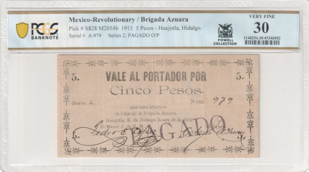 Revolutionary Currency 5 Pesos 1915 Hidalgo M2054b PCGS VF30 f_35510