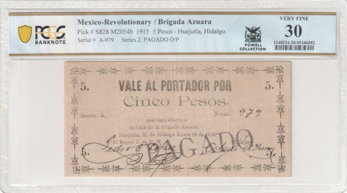 Revolutionary Currency 5 Pesos 1915 Hidalgo M2054b PCGS VF30 f_35510Revolutionary Currency 5 Pesos 1915 Hidalgo M2054b PCGS VF30 f_35510