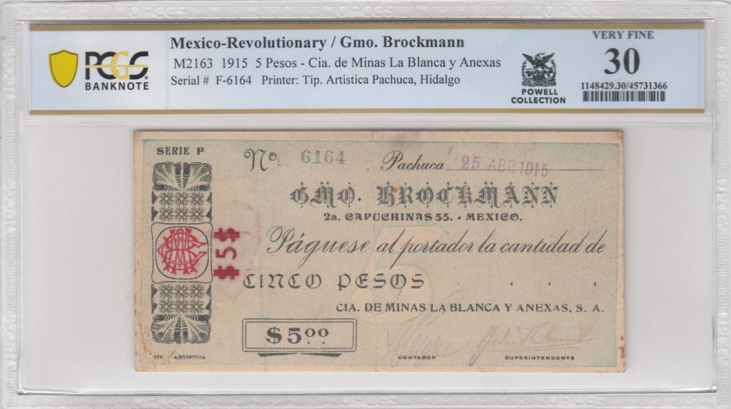 Revolutionary Currency 5 Pesos 1915 Hidalgo M2163 PCGS VF30 f_35511