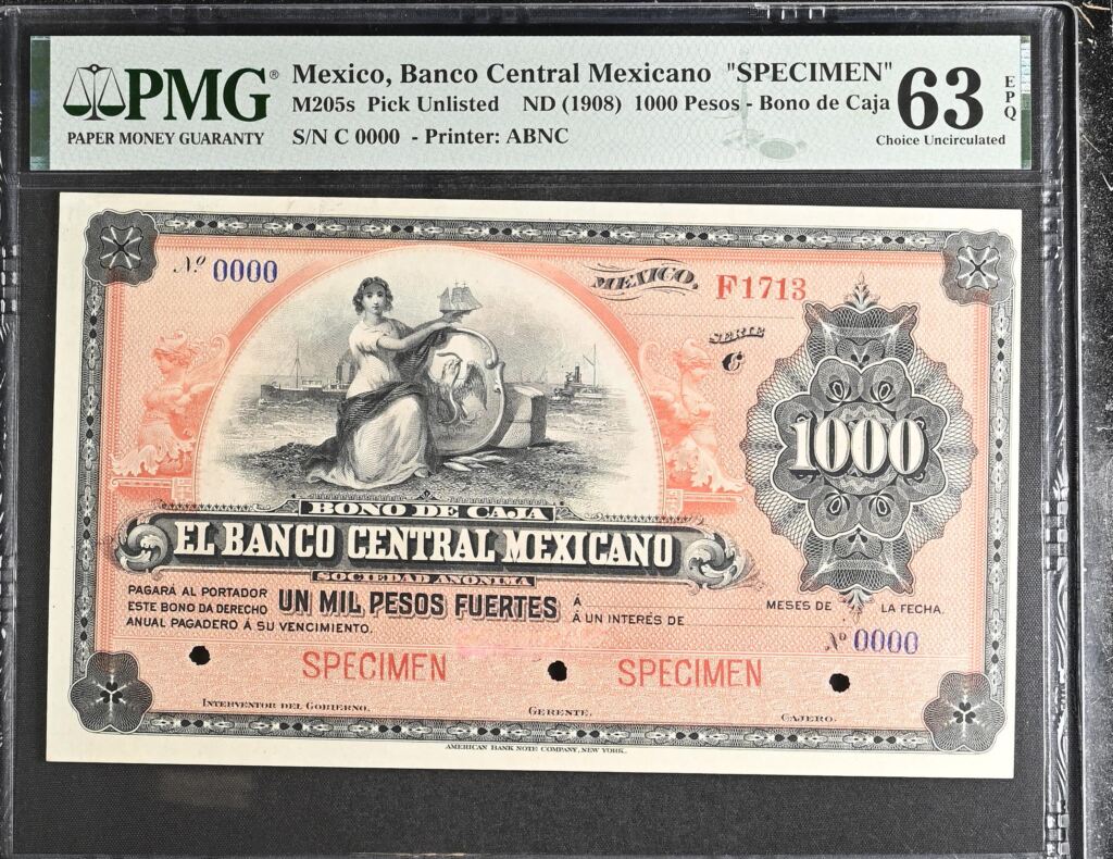 Bancos 1,000 Pesos ND Distrito Federal M205s PMG Ch UNC63 EPQ f_35513Property of World Numismatics