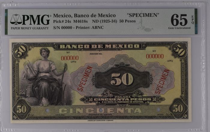 Banco De Mexico 50 Pesos ND M4618s PMG Gem UNC65 EPQ f_35518Banco De Mexico 50 Pesos ND M4618s PMG Gem UNC65 EPQ f_35518