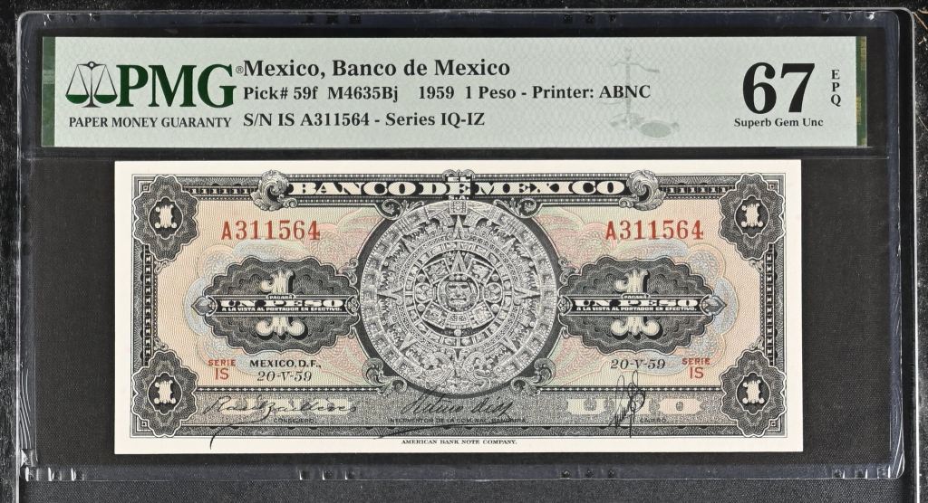 Banco De Mexico Peso 1959 Pick #59f PMG Superb Gem UNC67 EPQ f_35521