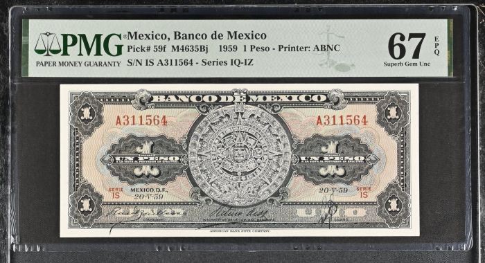 Banco De Mexico Peso 1959 Pick #59f PMG Superb Gem UNC67 EPQ f_35521Banco De Mexico Peso 1959 Pick #59f PMG Superb Gem UNC67 EPQ f_35521