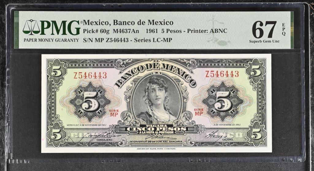 Banco De Mexico 5 Pesos 1961 Pick #60g PMG Superb Gem UNC67 EPQ f_35522