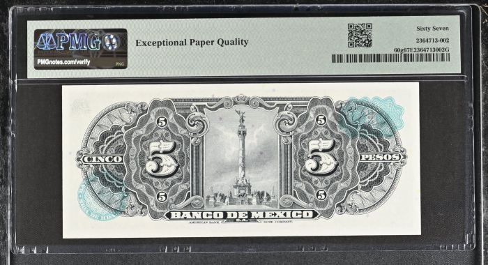 Banco De Mexico 5 Pesos 1961 Pick #60g PMG Superb Gem UNC67 EPQ f_35522Banco De Mexico 5 Pesos 1961 Pick #60g PMG Superb Gem UNC67 EPQ f_35522 - Image 2