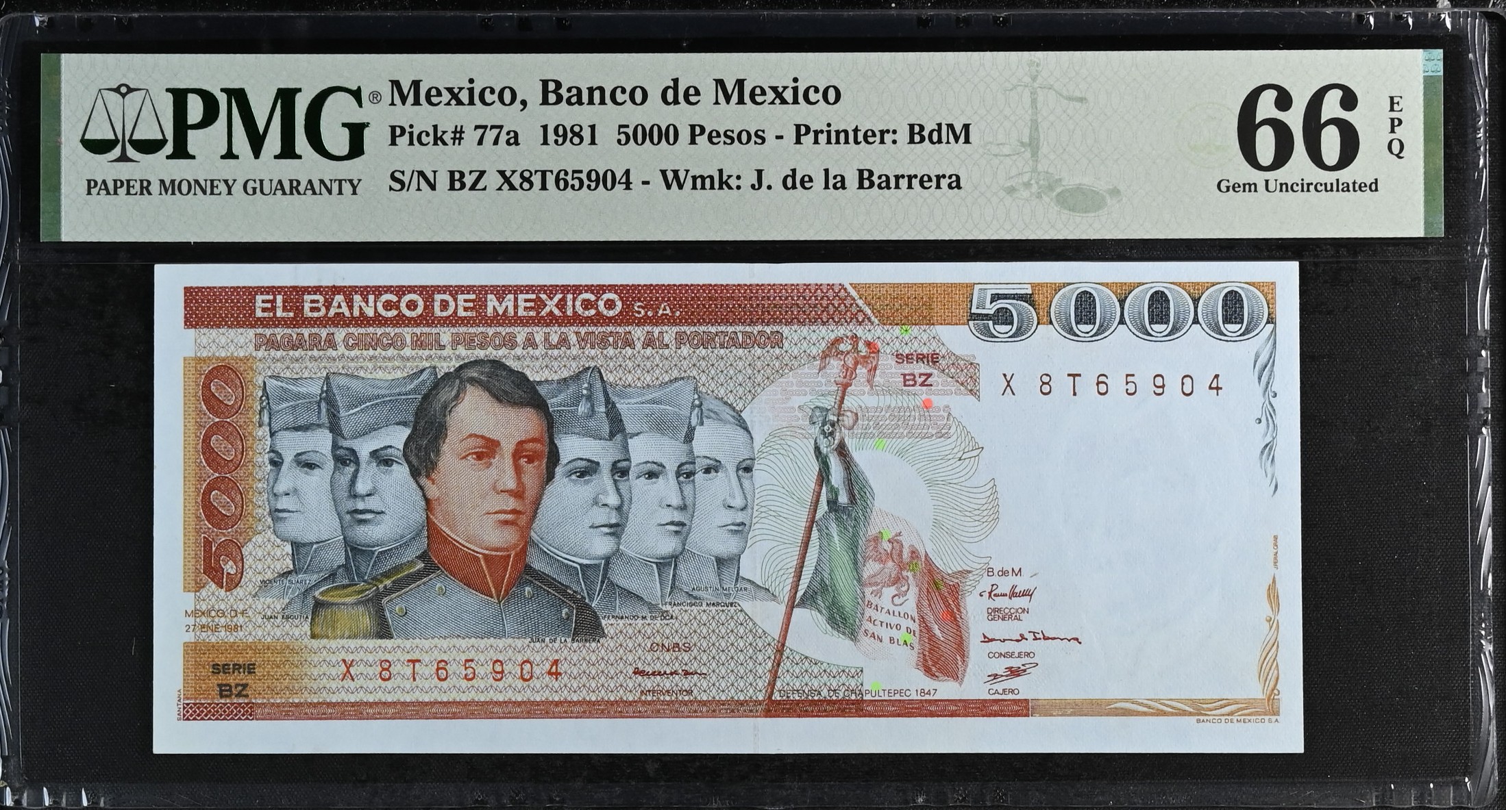 Banco De Mexico 5,000 Pesos 1981 Pick #77a PMG Gem UNC66 EPQ f_35525