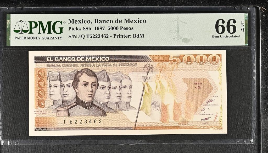 Banco De Mexico 5,000 Pesos 1987 Pick #88b PMG Gem UNC66 EPQ f_35526
