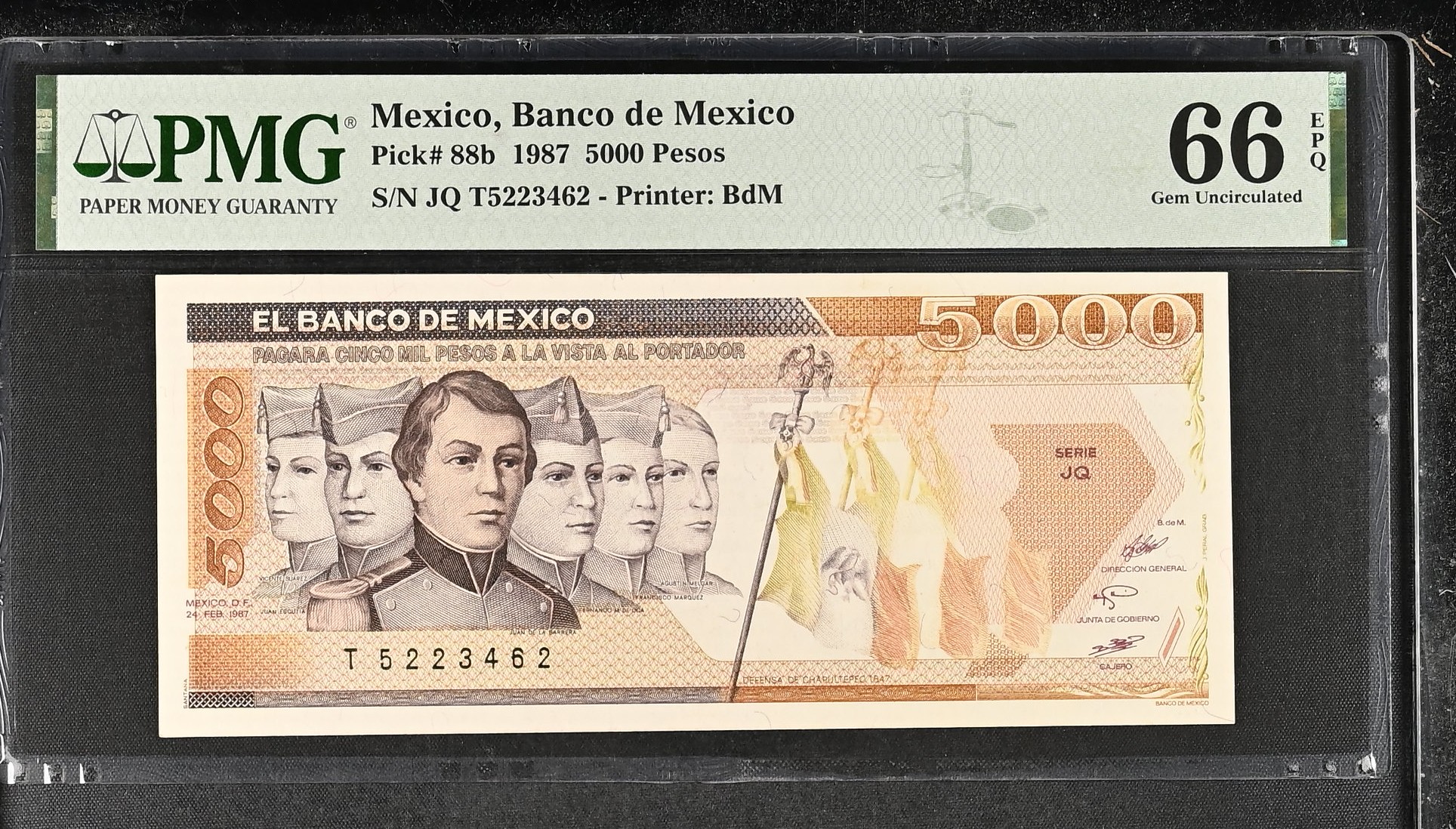 Banco De Mexico 5,000 Pesos 1987 Pick #88b PMG Gem UNC66 EPQ f_35526