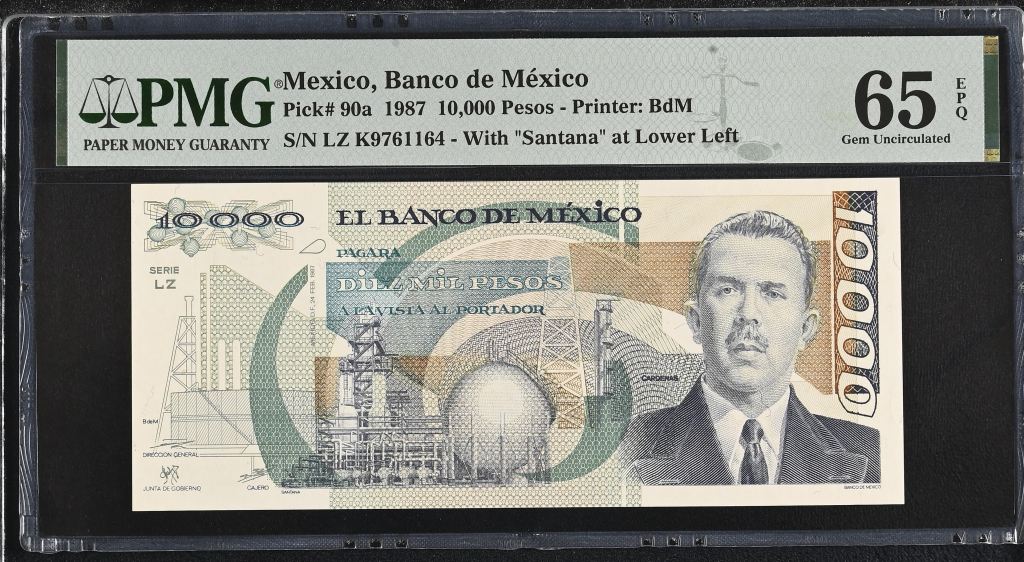 Banco De Mexico 10,000 Pesos 1987 Pick #90a PMG Gem UNC65 EPQ f_35529