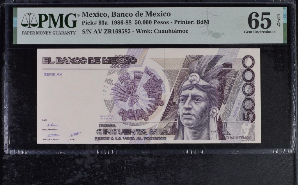 Banco De Mexico 50,000 Pesos 1986-88 Pick #93a PMG Gem UNC65 EPQ f_35530