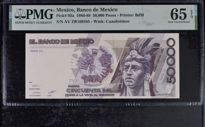 Banco De Mexico 50,000 Pesos 1986-88 Pick #93a PMG Gem UNC65 EPQ f_35530Banco De Mexico 50,000 Pesos 1986-88 Pick #93a PMG Gem UNC65 EPQ f_35530