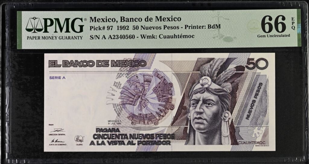 Banco De Mexico Mexican Currency Banco De Mexico 50 Nuevos Pesos 1992 Pick #97 PMG Gem UNC66 EPQ f_35532 Banco De Mexico 50 Nuevos Pesos 1992 Pick #97 PMG Gem UNC66 EPQ f_35532