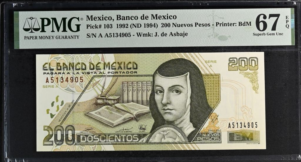 Banco De Mexico 200 Nuevos Pesos 1992 Pick #103 PMG Superb Gem UNC67 EPQ f_35535