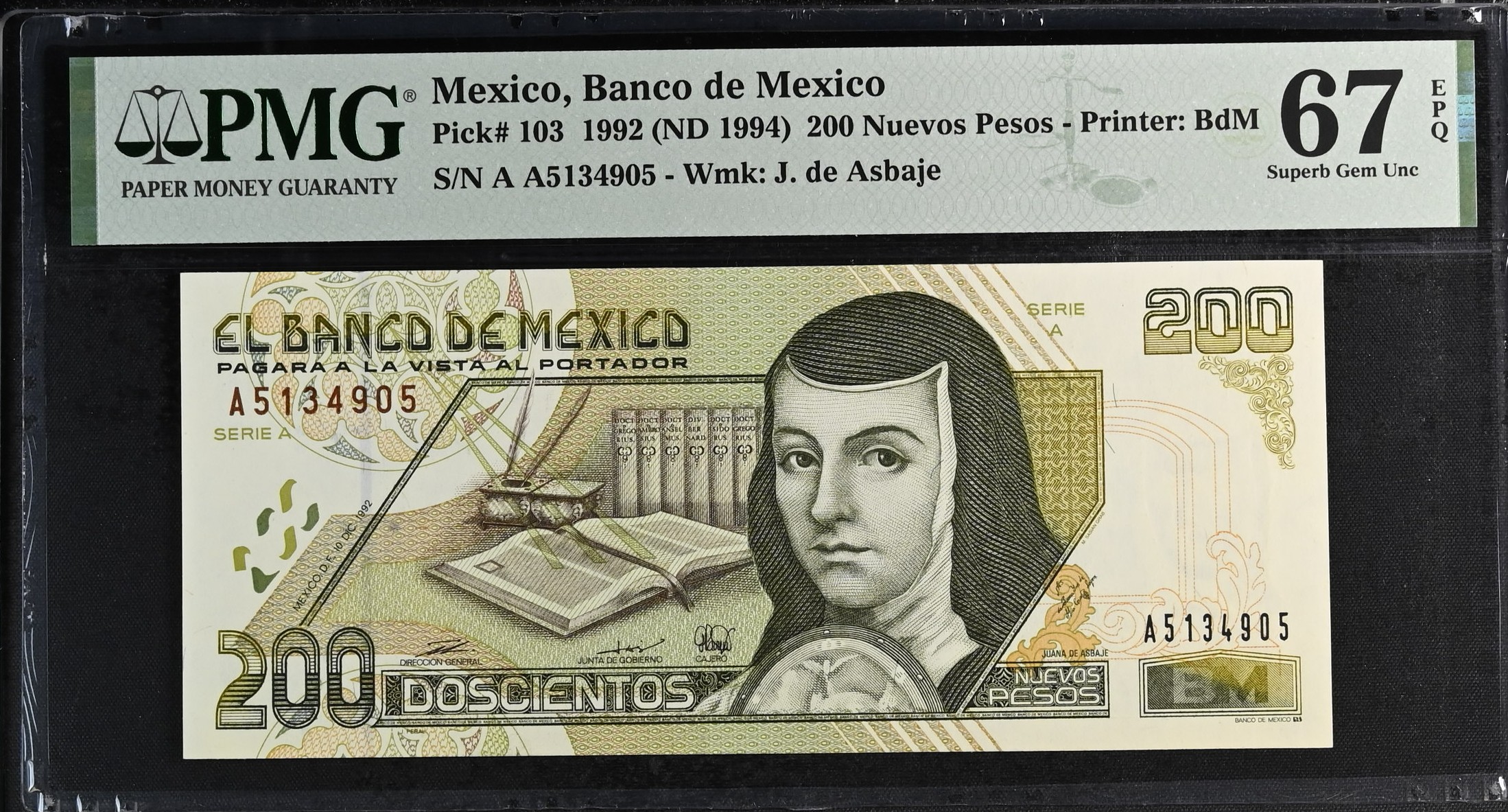 Banco De Mexico 200 Nuevos Pesos 1992 Pick #103 PMG Superb Gem UNC67 EPQ f_35535