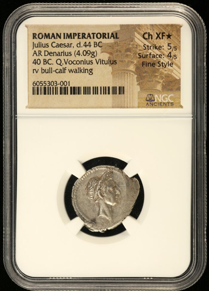Roman Imperatorial Julius Caesar d.44 BC AR Denarius NGC Ch XF* 0153260Roman Imperatorial Julius Caesar d.44 BC AR Denarius NGC Ch XF* 0153260