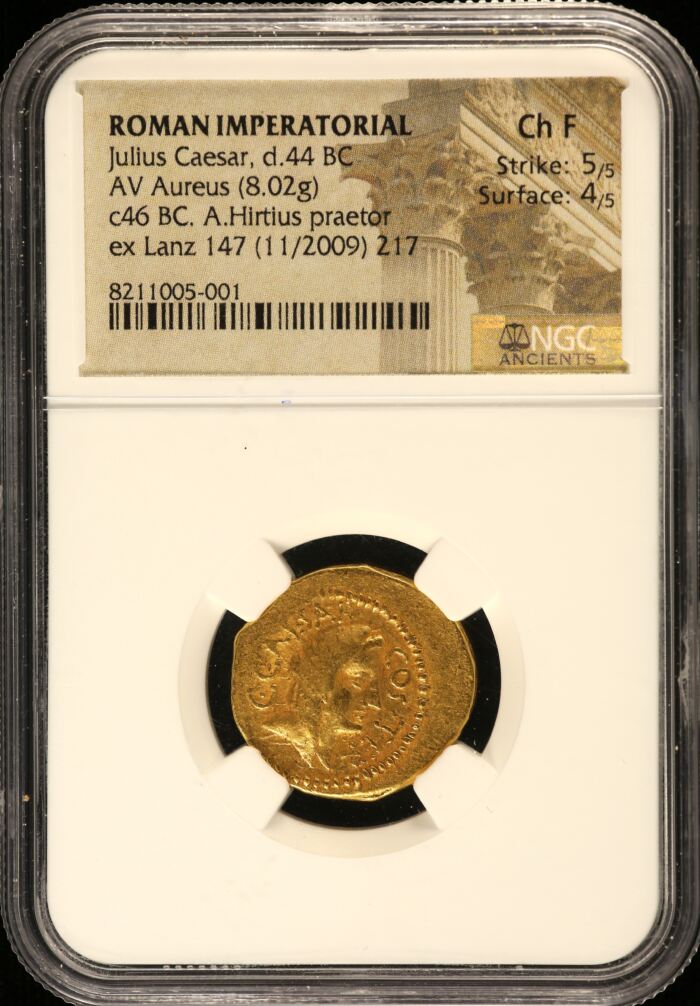 Roman Imperatorial Julius Caesar d.44 BC AV Aureus NGC Ch F 0153259Roman Imperatorial Julius Caesar d.44 BC AV Aureus NGC Ch F 0153259