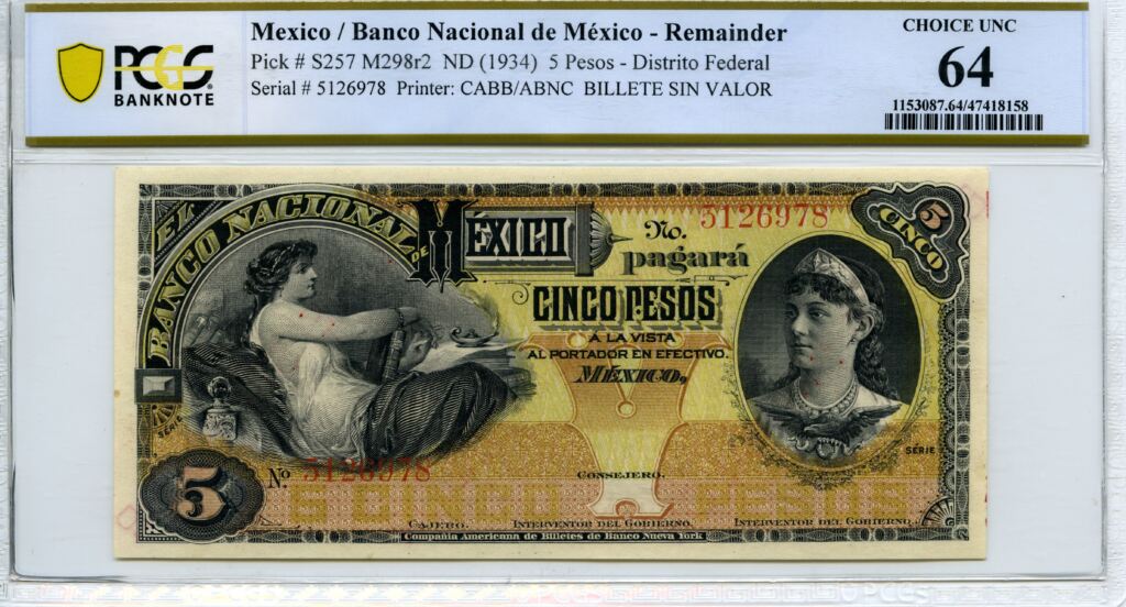 Bancos 5 Pesos ND Distrito Federal M298r2 PCGS Ch UNC64 f_35551